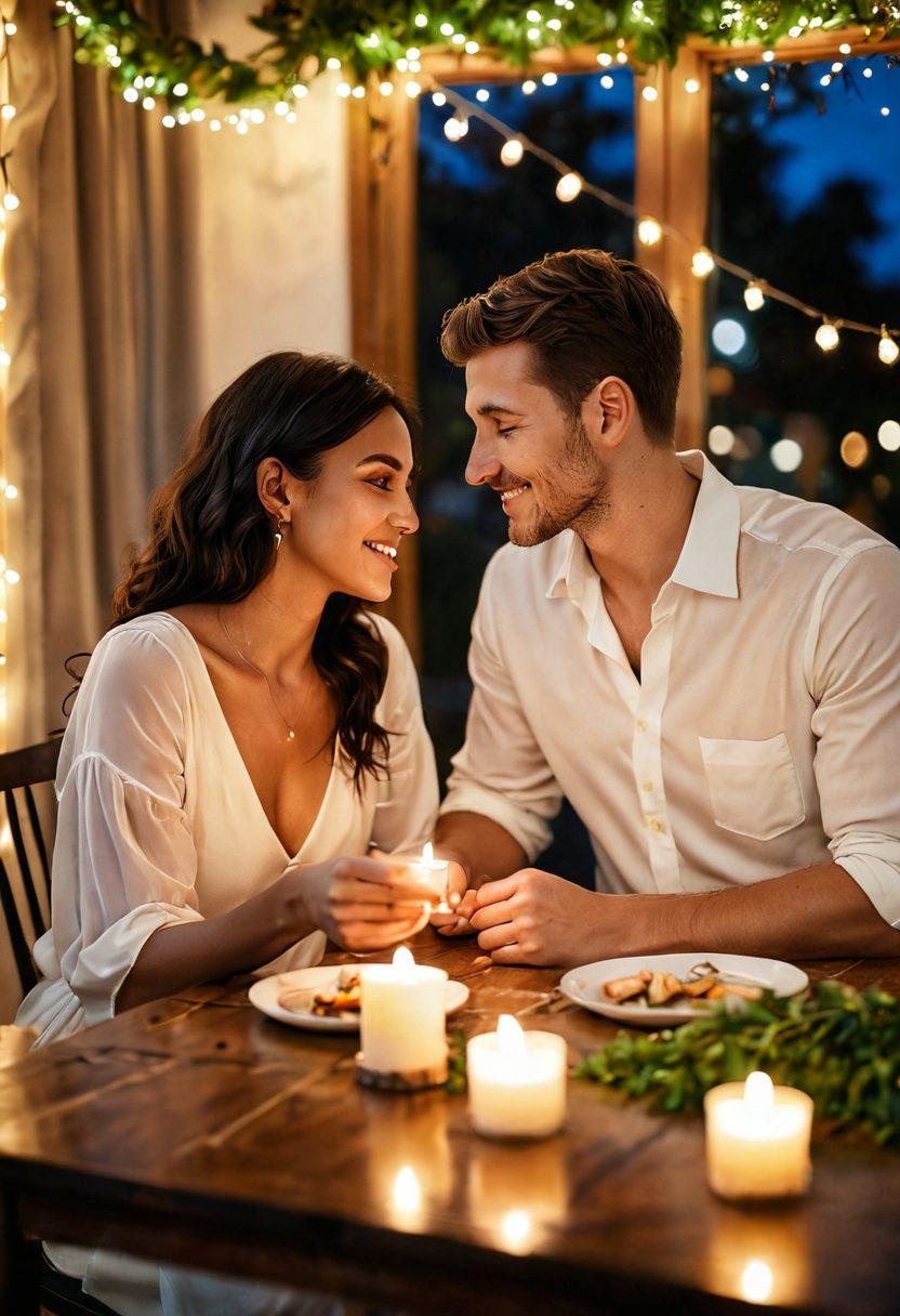 A warm, candlelit dinner setting featuring two diverse couples sharing a joyful moment, surrounded by soft, glowing fairy lights, and lush greenery. Handwritten notes for relationship tips scattered on the table further enhance the theme of intimacy and connection. The entire scene exudes coziness and love, inviting viewers to explore the essence of cherished relationships. super-realistic. vibrant colors. soft bokeh background.