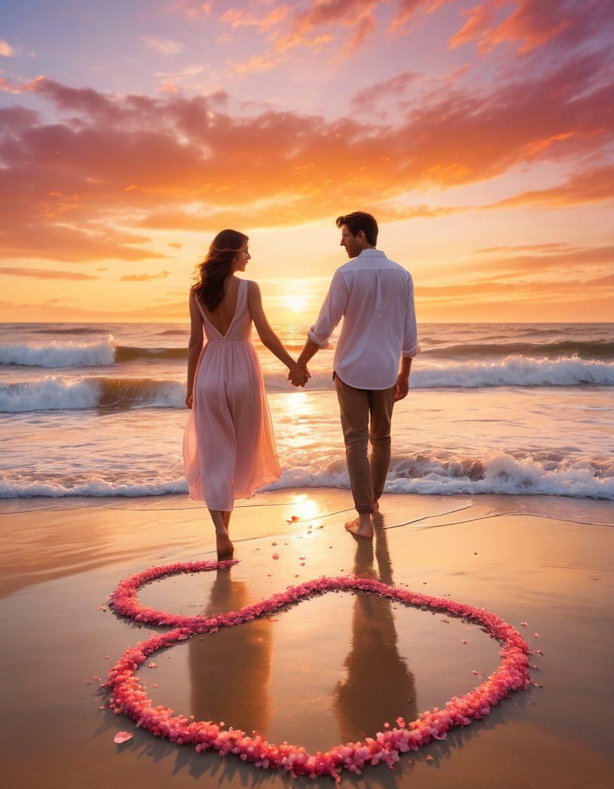 A romantic scene depicting a couple holding hands on a sunlit beach, surrounded by heart-shaped waves gently lapping at their feet. Soft, warm colors create an inviting atmosphere, with delicate cherry blossom petals floating in the air. In the background, a stunning sunset casts vibrant hues, symbolizing love and connection. The couple should appear joyful and in tune with each other, embodying affectionate moments. super-realistic. vibrant colors. soft focus.