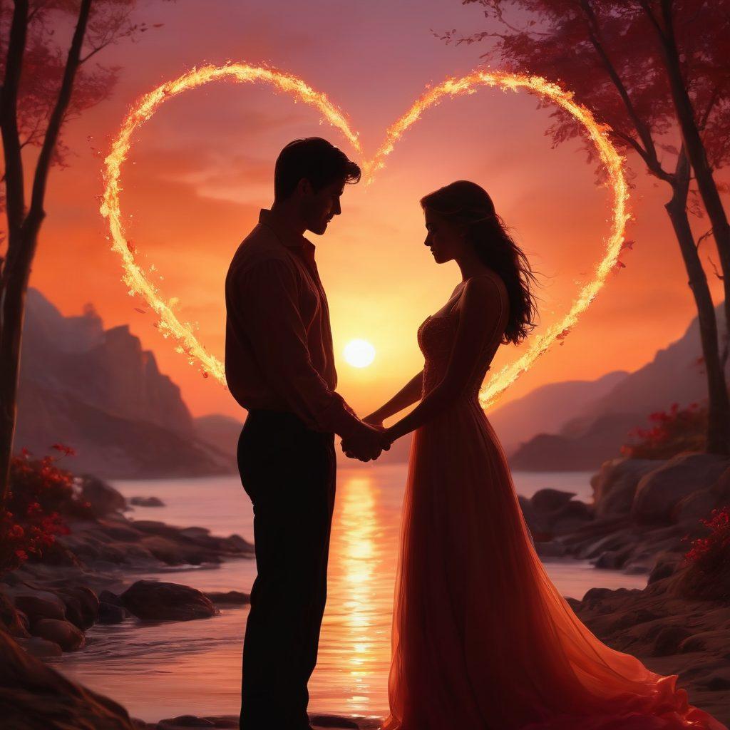 A glowing heart surrounded by warm, flickering flames, symbolizing passionate love. In the background, soft silhouettes of couples holding hands and sharing intimate moments, with a gentle sunset casting a romantic hue. Delicate, swirling embers dance around the heart, creating an atmosphere of warmth and closeness. The color palette incorporates deep reds, soft pinks, and warm golds to evoke feelings of love and connection. vibrant colors. dreamy landscape. super-realistic.